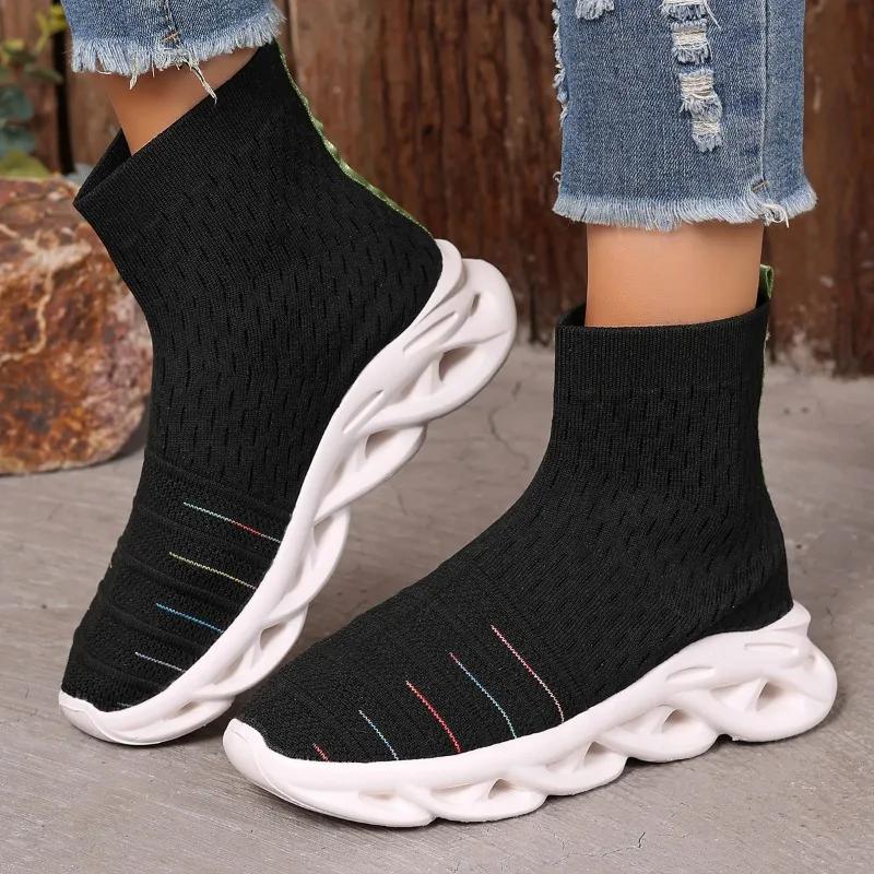 2024 New Shoes for Women Slip On Women's Vulcanize Shoes Spring Round Toe Solid Net Cloth Elastic Fabric Breathable Casual Shoes