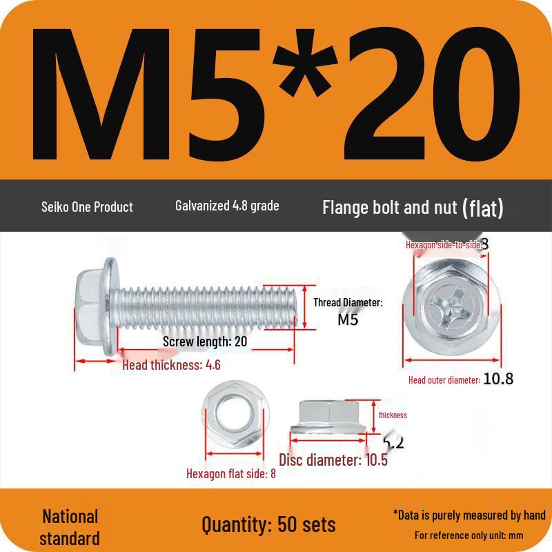 4.8 Grade Galvanized Hex Bolt Set with Anti-slip Washer & Nut, Cross Flange Head, M4/M5/M6/M8mm