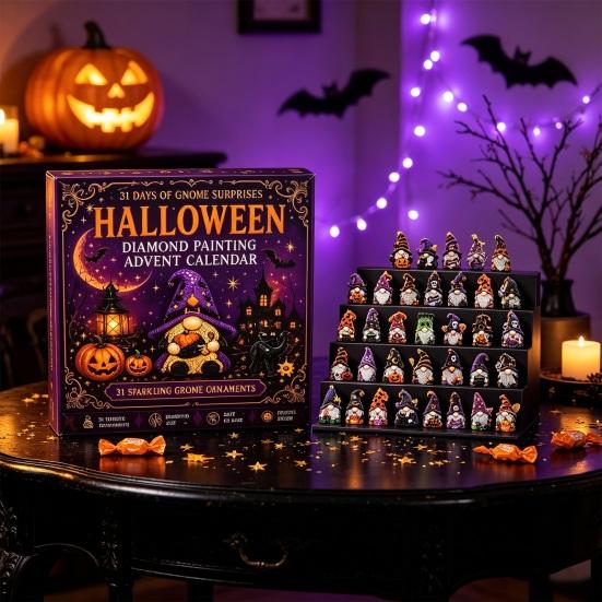 Kit Artigianale di Halloween Calendario dell'Avvento Pittura con Strass Gnomo 31 Giorni, Kit Artigianato Fai-da-te per Bomboniere Festa, Ornamenti Artistici Fatti a Mano con Strumenti per Perline