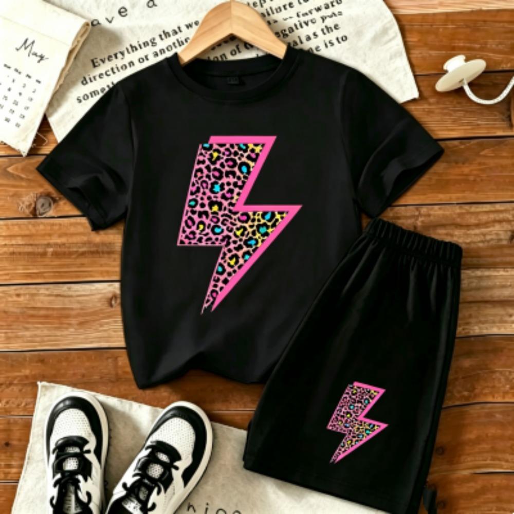 Kids Leopard Lightning Fun Printed 11 Colors Outdoor Street Kids T-shirt and Shorts 2 Piece Set Summer Home Casual Outfit Boy and Girl's Sports Set