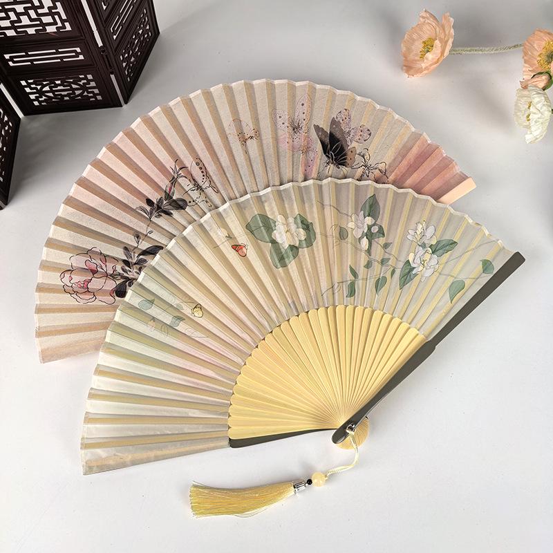 Ventaglio Pieghevole Hanfu Fiore di Gelsomino per Fotografia, Danza e Uso Quotidiano - Ventaglio Verde da Donna