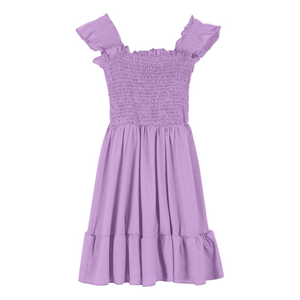 Ärmelloses Sommerkleid für Mädchen – Kurzes Kleid mit quadratischem Ausschnitt und Rüschen auf der Rückseite