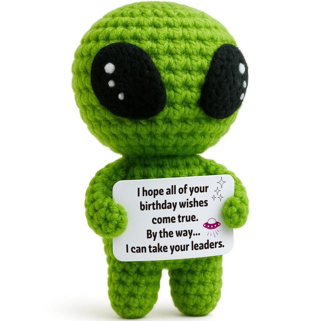 Grünes Alien Positives Häkeltier Puppe Mit Karte Schreibtischschmuck Emotionale Unterstützung Handgefertigt Gestrickt Aufmunterungsspielzeug