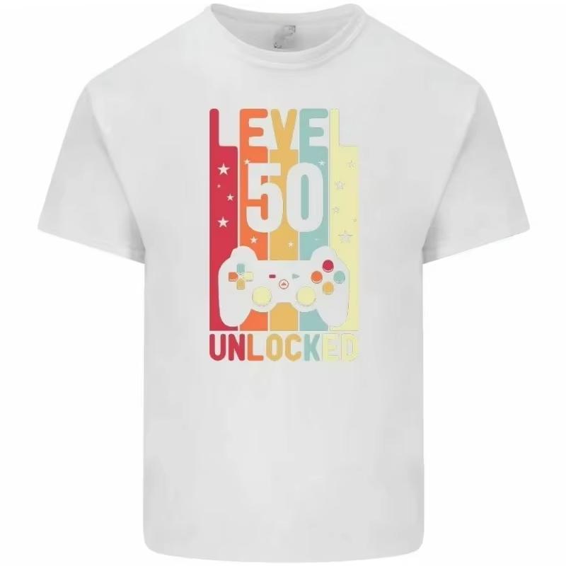 1975 Men's Fun Level Unlocked 50 Year Old Game Top Graphic T-shirt Summer Fashion Crew-neck Cotton Shirt for Men and Women