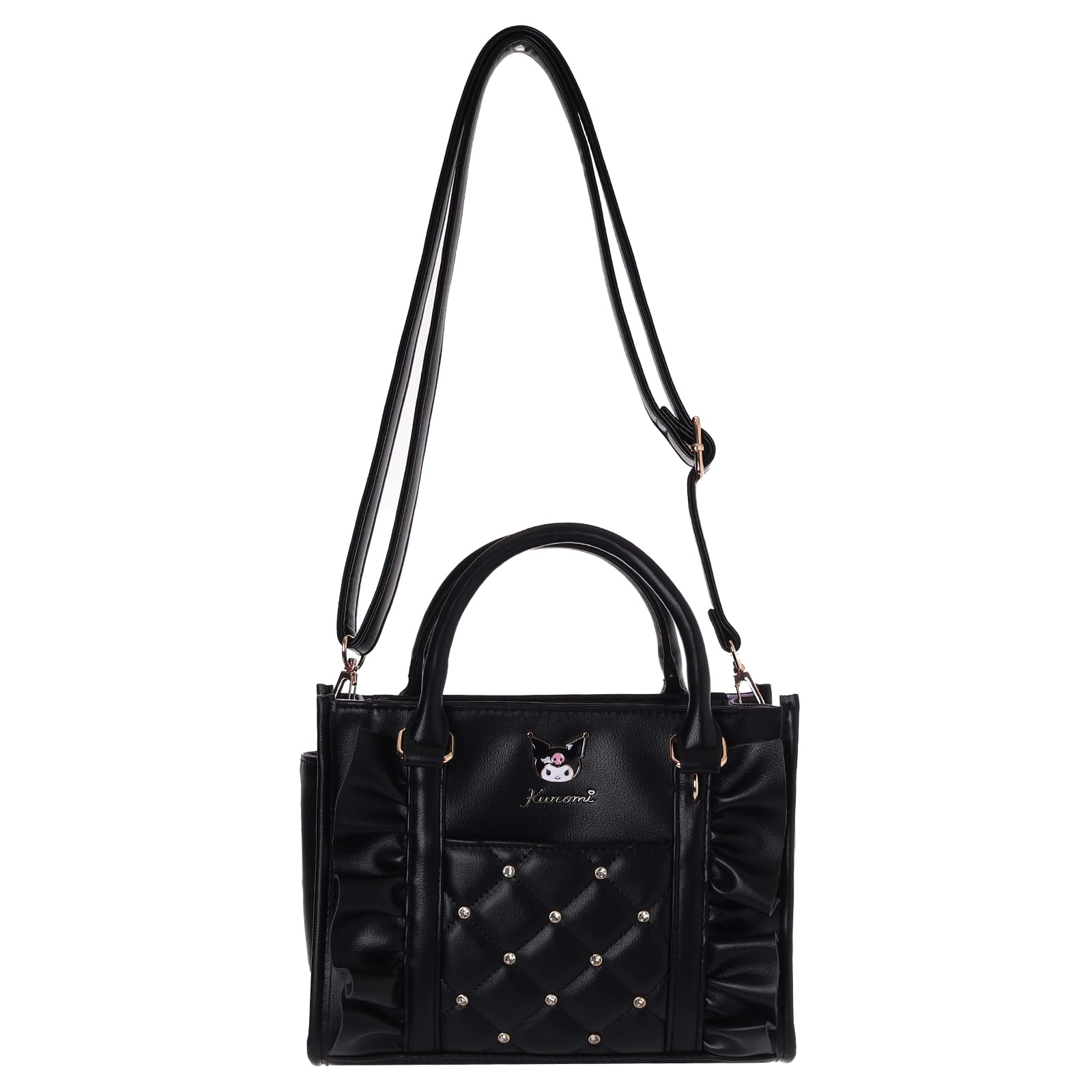 Sanrio Synthetic Leather 2-Way Shoulder Bag, Quilted, with Ruffles, HandbagShoulder Bag, 22x17.5x7cm, 371g, Kuromi