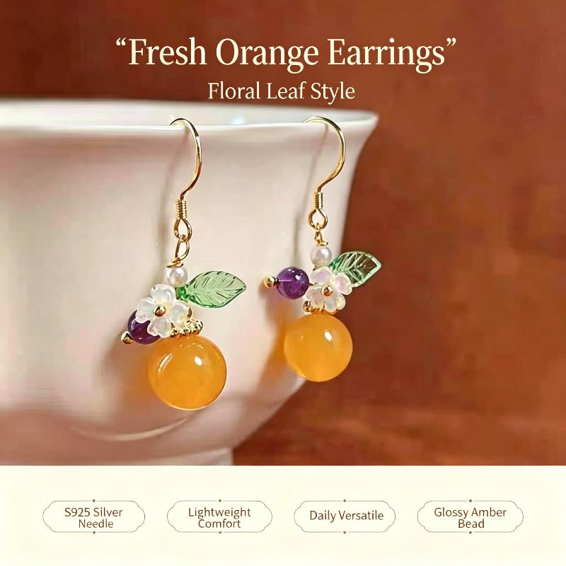 Cute Orange Shaped Dangle Earrings Handmade Flower Leaf Decor Bead For Women Daily Wear Party Dating Gifts