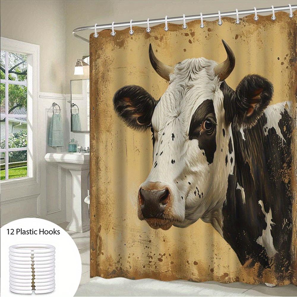 1pc Holstein Cow Portrait Shower Curtain - Black & White Realistic Cow Face Design, Warm Aged Parchment Texture, Farm-Inspired