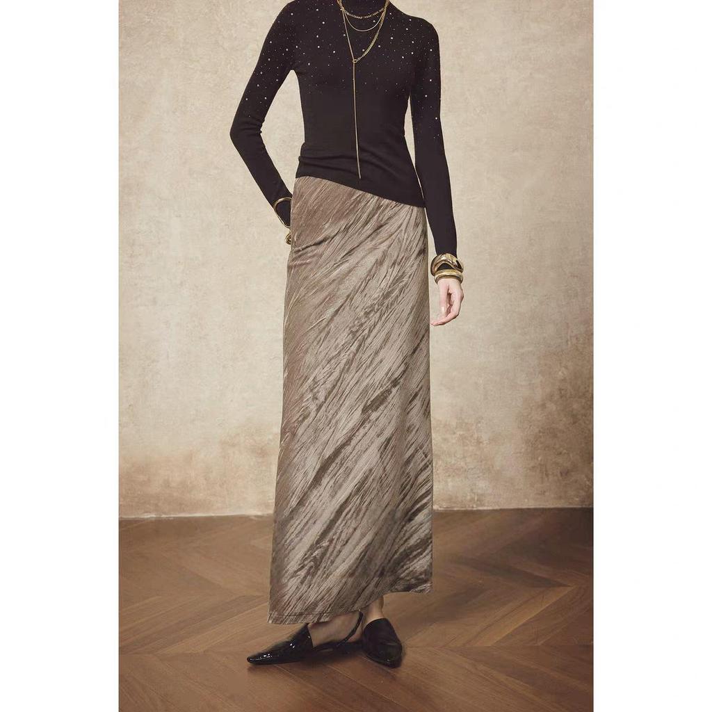 Iridescent Velvet Elastic Fishtail Midi Skirt - High-Waisted, Bias-Cut, Heavy-Duty, Slimming, Women's Autumn/Winter Skirt