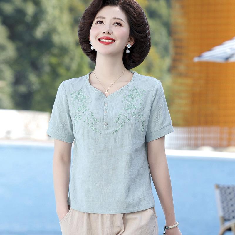 Stylish Summer Cotton Linen T-shirt & Small Cardigan for Moms, Mother-in-law Gift, Middle-aged & Elderly Women's Thin Top