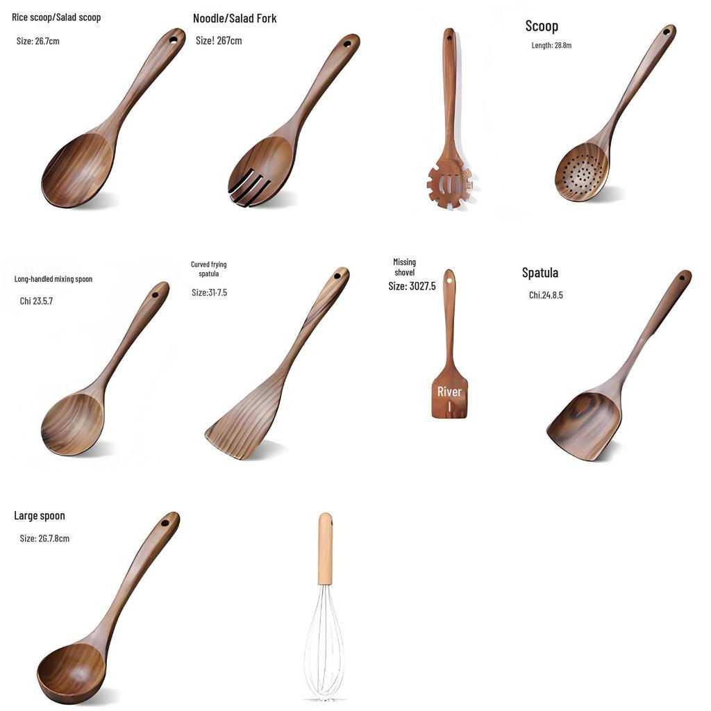 Teak Non-Stick Long-Handle Solid Wood Pan and Acacia Wood Kitchenware Set