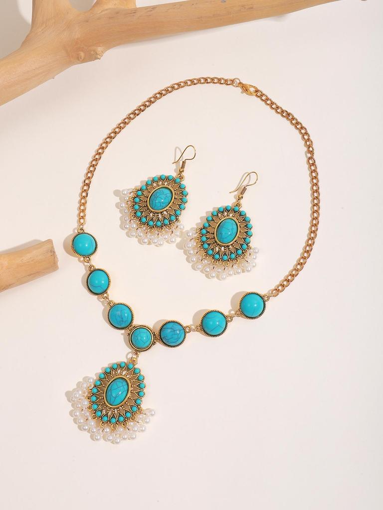 Turquoise Tassel Necklace & Earrings Retro Pearl Set