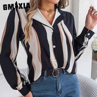 Damesmode Casual Zomer Lange Mouwen Pakkraag Blouses & Allerlei Contrasterende Kleuren en Strepen Overhemden