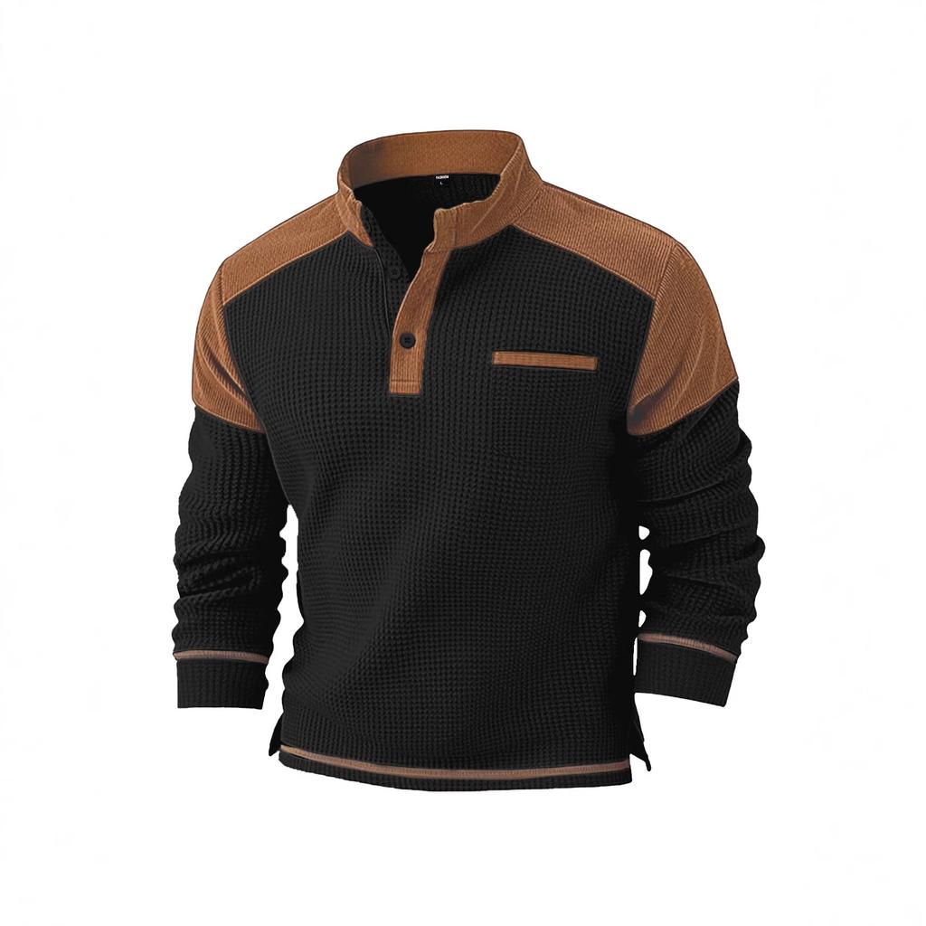 New Winter Men Waffle Knit Faux Pocket Casual Stand Collar Long Sleeve Corduroy Sweatshirt