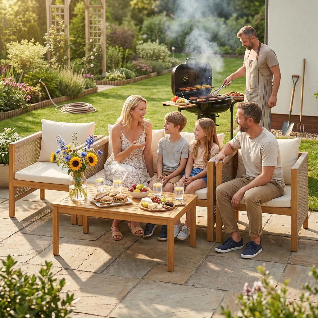 Garden Furniture Set Wood Seating Group for 4 People with 2-Seater Sofa 2 Armchairs Table Rope Weave Slat Design Washable Cushions