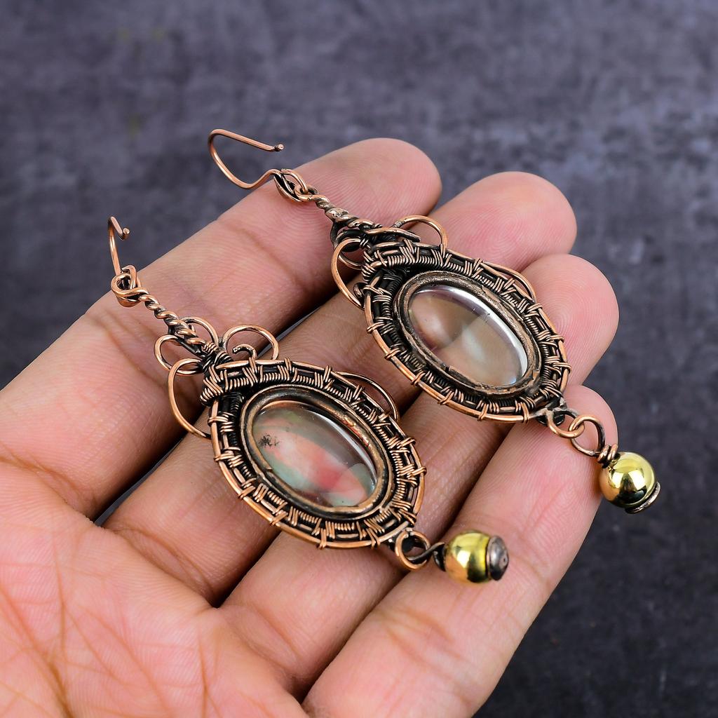 Mystic Pink Topaz Handmade Copper Wire Wrap Jewelry Earring 3.35" a8a50