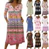 Women's Fashionable Color Printed Round Neck 3/4 Sleeve Button Collar Mid Length Casual Dress
