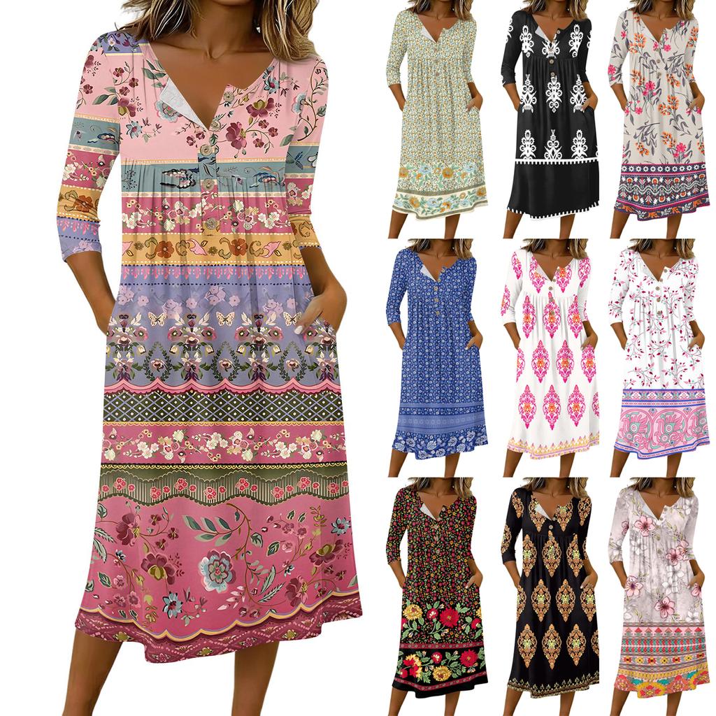Women's Fashionable Color Printed Round Neck 3/4 Sleeve Button Collar Mid Length Casual Dress
