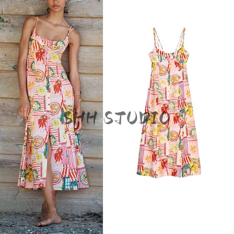 Summer Women's Linen Blend A- line Hem Patchwork Print Sling Midi Skirt Dress 3771107