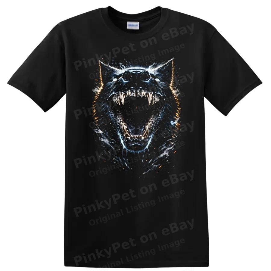 Wolf Graphic T Shirt Fierce Animal Design w/ Blue Flame Art Tee