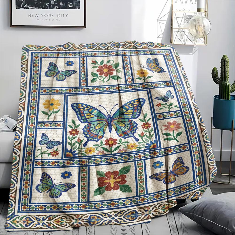 Moroccan Butterfly Print Flannel Blanket, High Quality Comfortable for All Seasons, Home Decor, Warmth and Comfort, Perfect for Christmas Gifts79