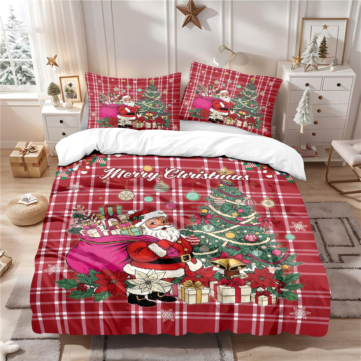 

3 предмета красный принт Санта-Клауса бесшовный комплект пододеяльника разных размеров для спальни праздничное постельное белье украшение мягкий машинная стирка 135x200cm-EU-Single&set