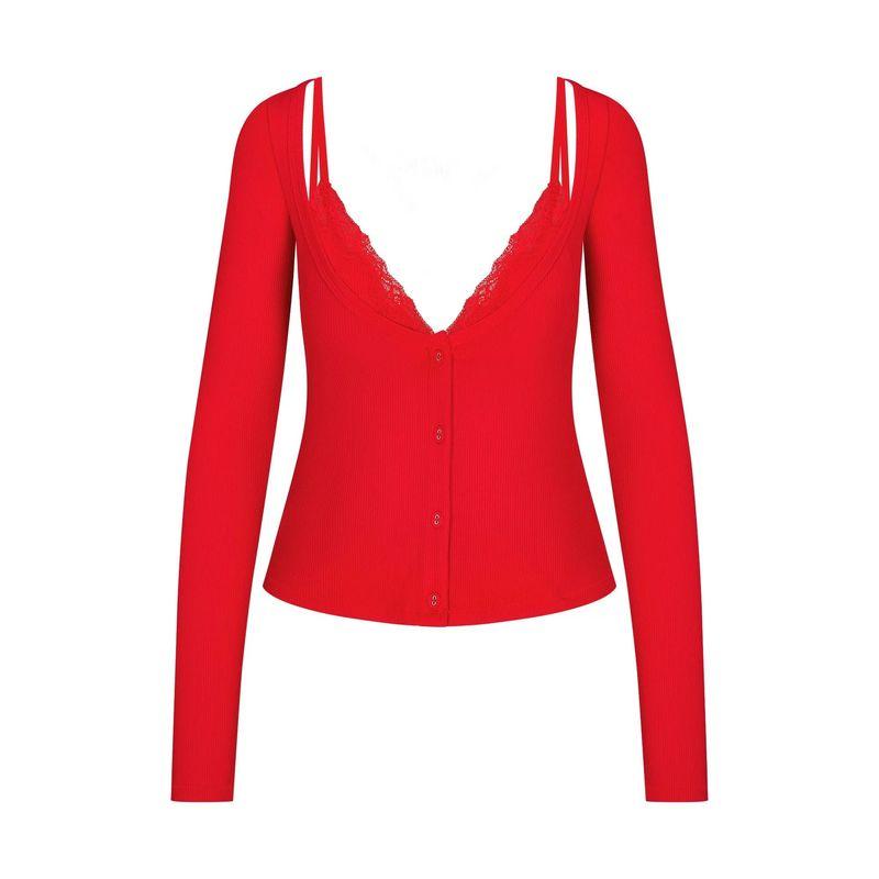 

Американская золотая карта Skims Дай Шаньпин для И Мэнлин, тот же стиль, черно-красное сексуальное кружево, имитация двух предметов, длинный рукав Red L