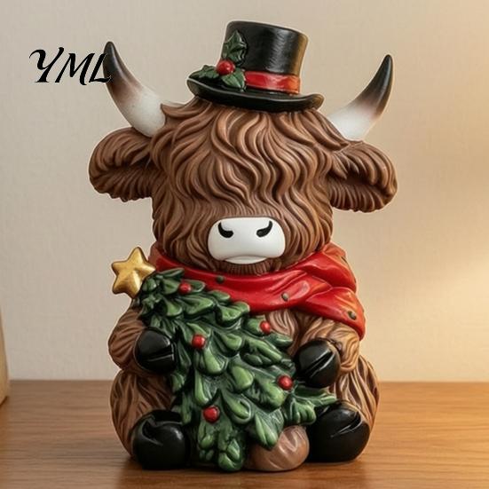 Cute Cattle Desk Ornaments Christmas Highland Cow Figurine, Resin Holiday Statue with Santa Hat & Holly Theme Decor Gift Box, Sitting Calf Desktop
