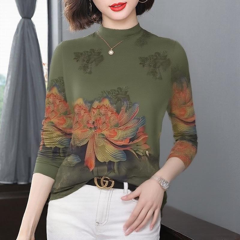 

Women s Semi-High Neck Fleece-Lined Long Sleeve Printed Base Layer Shirt - Stylish Outerwear for Middle-Aged Women Large (L)