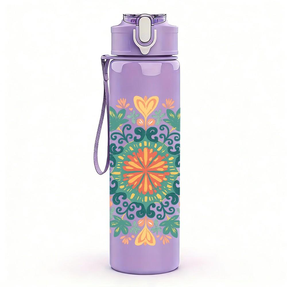 1PC Soft Tone Mandala Pattern 750ml Color Plastic Sports Water Bottle Leakproof Flip Straw Lid Suitable for Sports Office Home Use