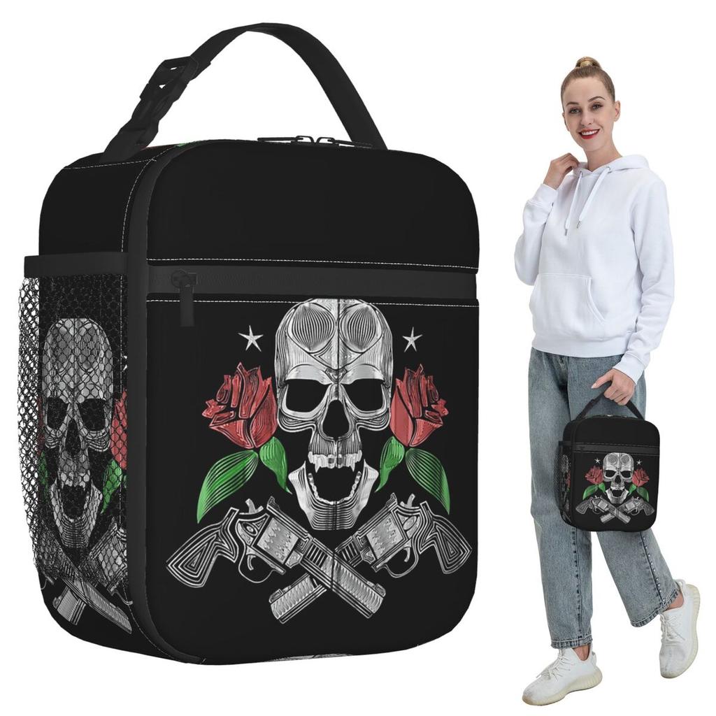 Red Roses With Guns And Skull Design Zip Hoodie Insulated Lunch Bag for Kids School Cooler Thermal Food Box Tote Lunch Boxes