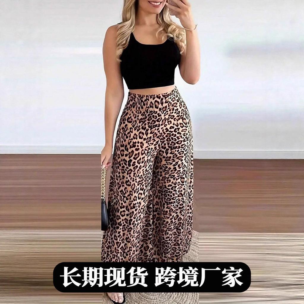 Women Leopard Print High Waist Wide Leg Long Pants