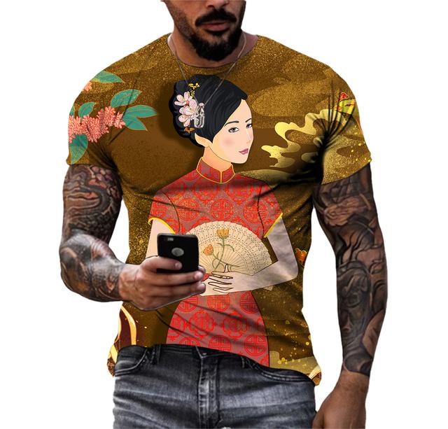 Piękne koszulki męskie z elementami chińskimi, casualowe, z nadrukiem HD 3D, wzorzyste, hip hopowe, Harajuku, z osobowością, z okrągłym dekoltem, z krótkim rękawem
