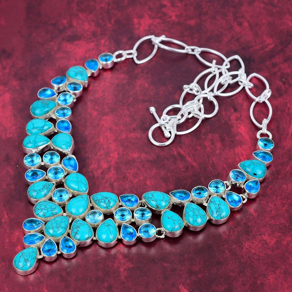 Santa Rosa Turquoise, Blue Topaz 925 Solid Sterling Silver Necklace, Handmade Gemstone  Necklace Jewelry, Gifts For Wife Brand New Necklace