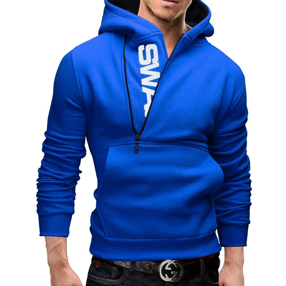 2024 Men's Black Color Block Pullover Hoodie with Side Zipper