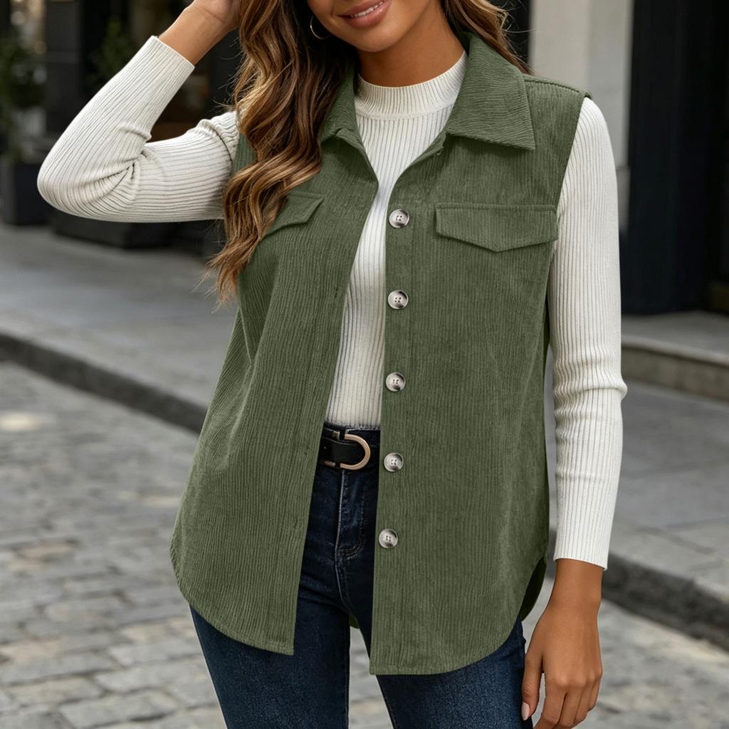 Women's Corduroy Lapel Collar Sleeveless Vest for Casual Commute