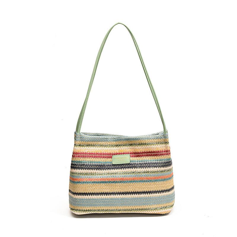 Stylish Large Capacity Rainbow Striped Woven Tote Bag For Trendy Daily Commute