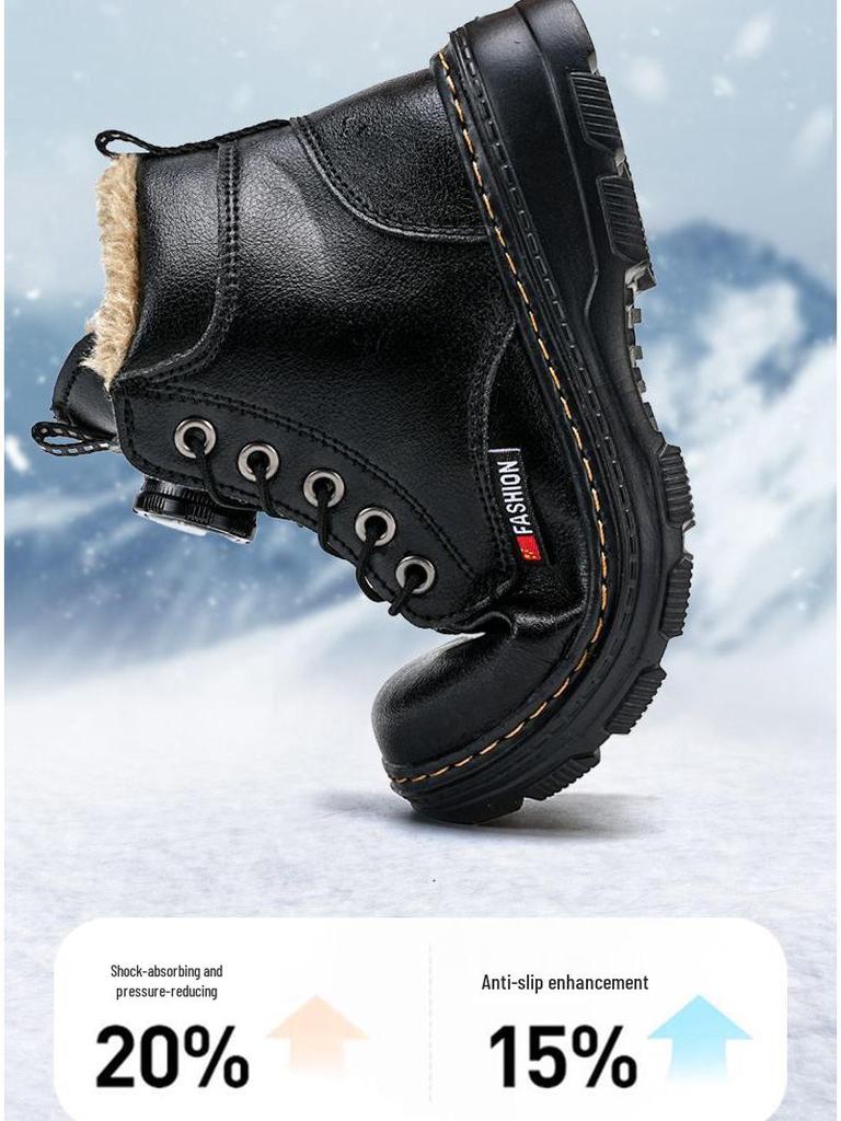 Boys' 2025 Winter Leather Boots - Plush, Non-Slip, Soft-Sole, Mid & Big Kids