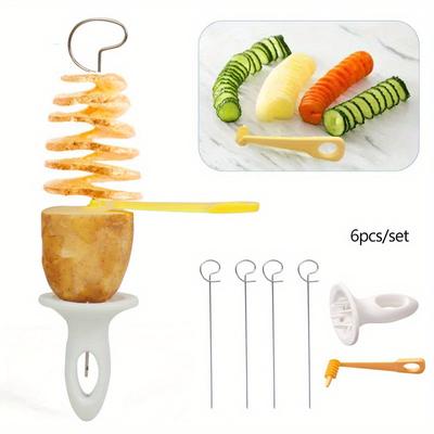 6-teiliges Edelstahl-Spiral-Kartoffelschneider-Set - Manueller Gemüse-Twister, Geeignet für BBQ und Camping, Kein Feuerstein oder Magnesiumstab enthalten