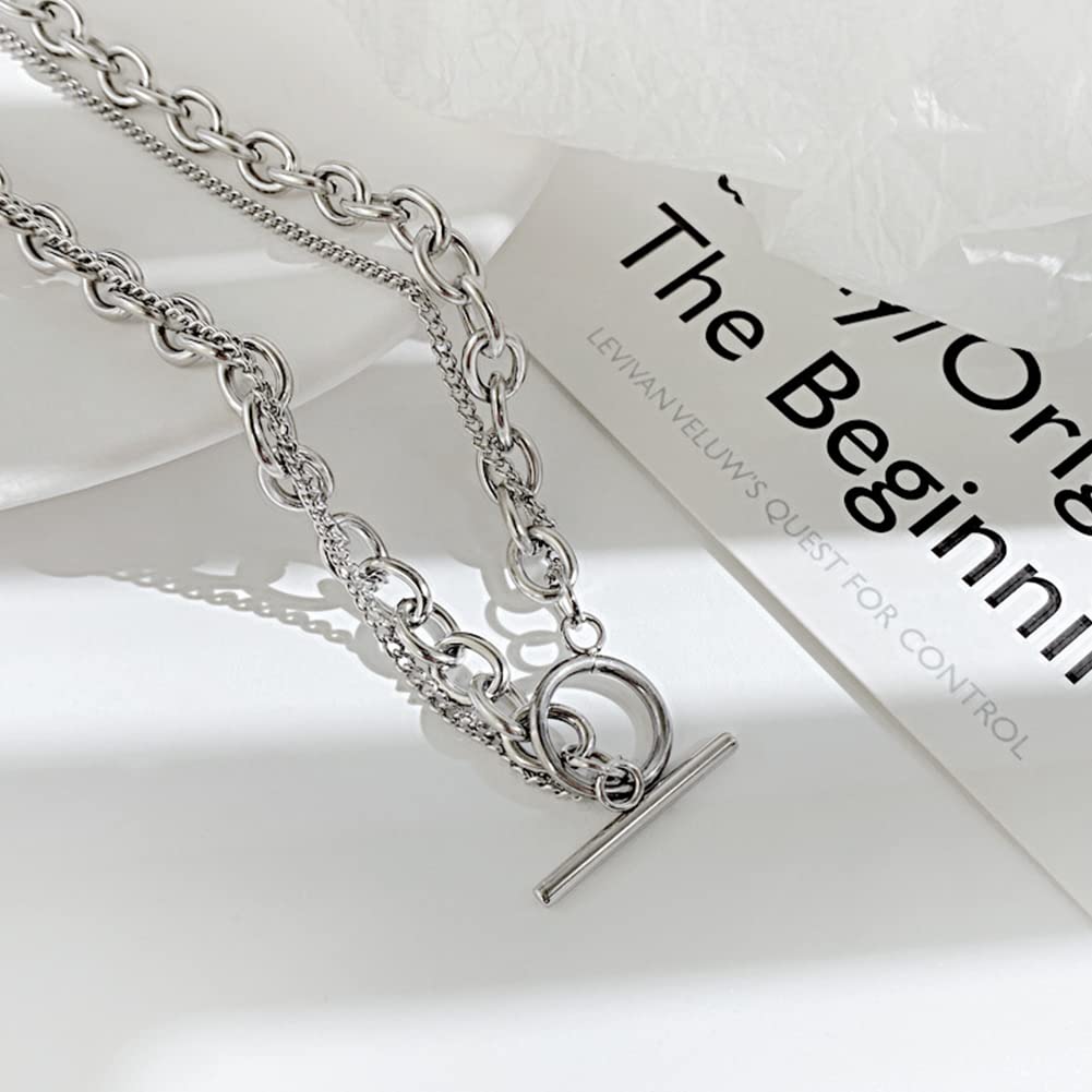 Necklace for Double Mantel Asymmetrical Chain Shiny For New Hip Hop Accessory [Rockyu] Women, Hypoallergenic, Silver, Strand, Necklace, Azuki, Kihei,