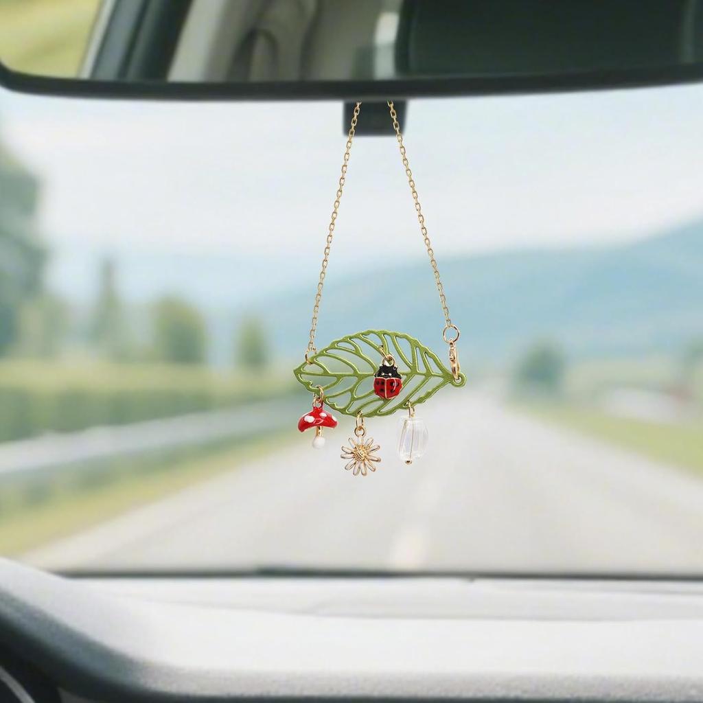 CASONA Car Hanging Decor,Lucky Rear View Mirror Dangling Car Charm,Handmade Ladybug Mushroom Daisy Leaf Boho Nature Decoration Ornament Gift for