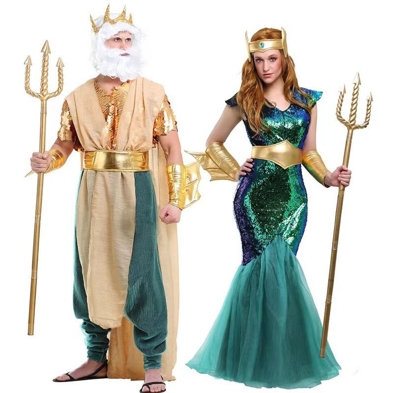 Cosplay Halloween costume adult couple sea king, ancient Egyptian Cleopatra pharaoh costume, queen king war god show costume