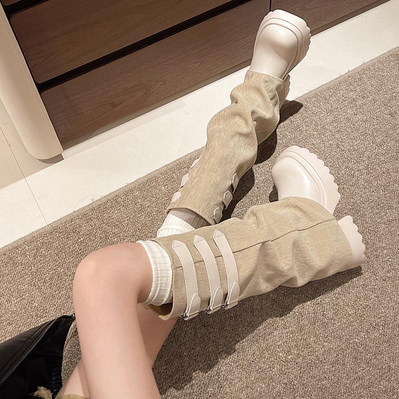 European and American thick-soled cowhide spliced trouser boots, new round head flanged denim sleeve belt buckle thick high-heeled medium boots