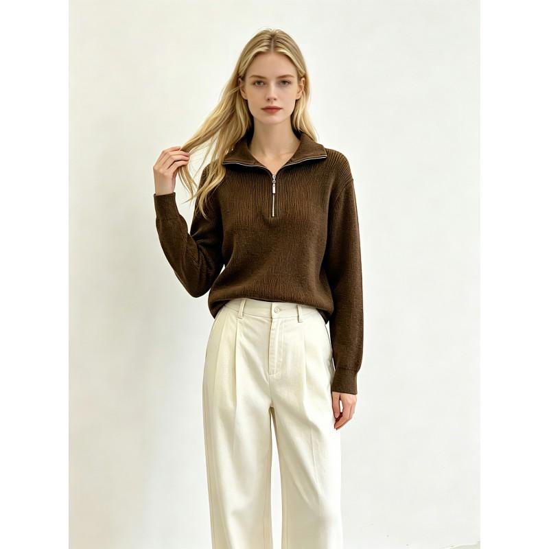 Womens Loose Fit Half-Zip Knit Sweater Winter Casual Elegant Long Sleeve Pullover In Solid Colors