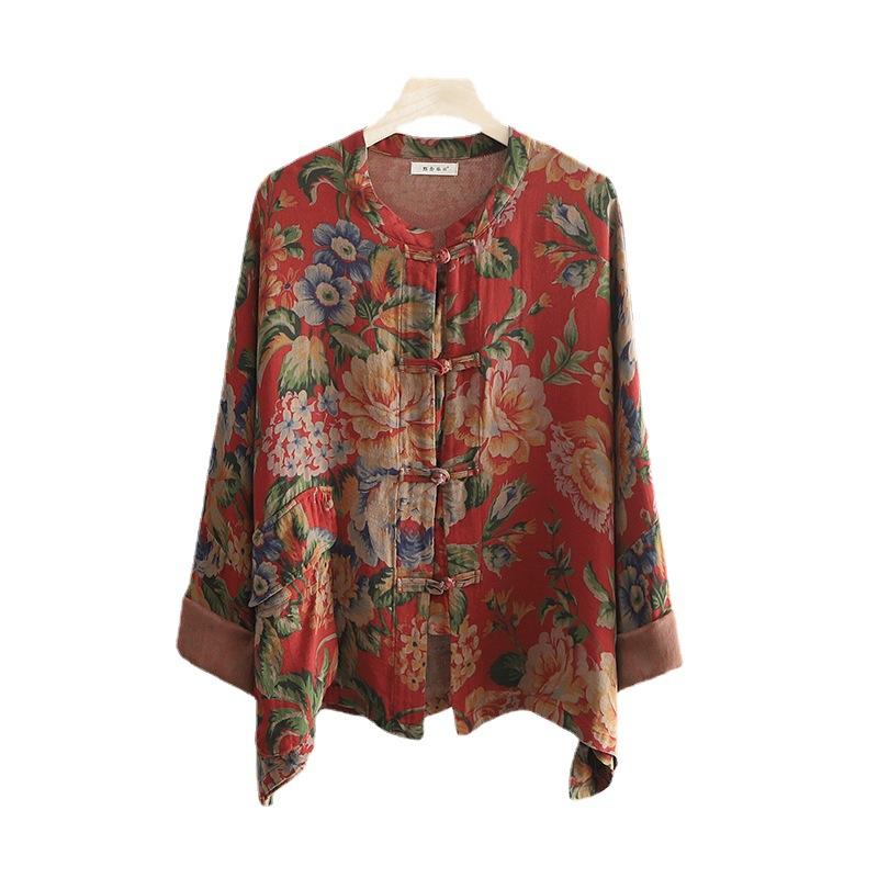 Dámské ležérní jarní letní bavlněné bundy Retro potisk Top Dámský stojáček Knoflíky Vintage kabát