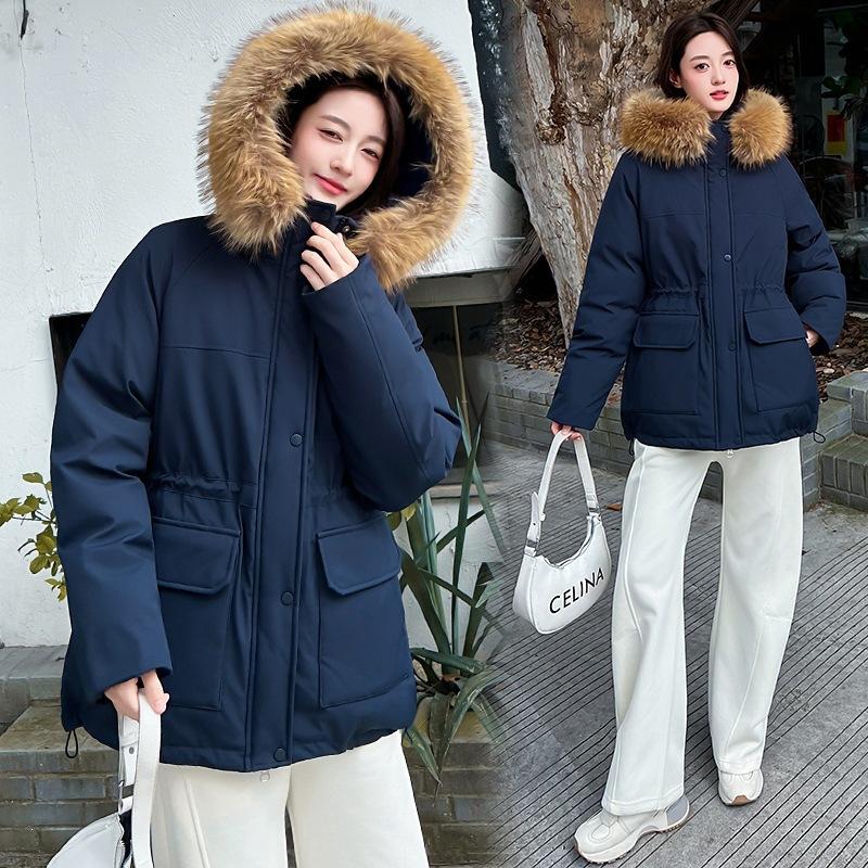 Offline supermarket orders women's pie to overcome extra thick cotton big fur collar hooded waist pumping process, solid workmanship, winter women'