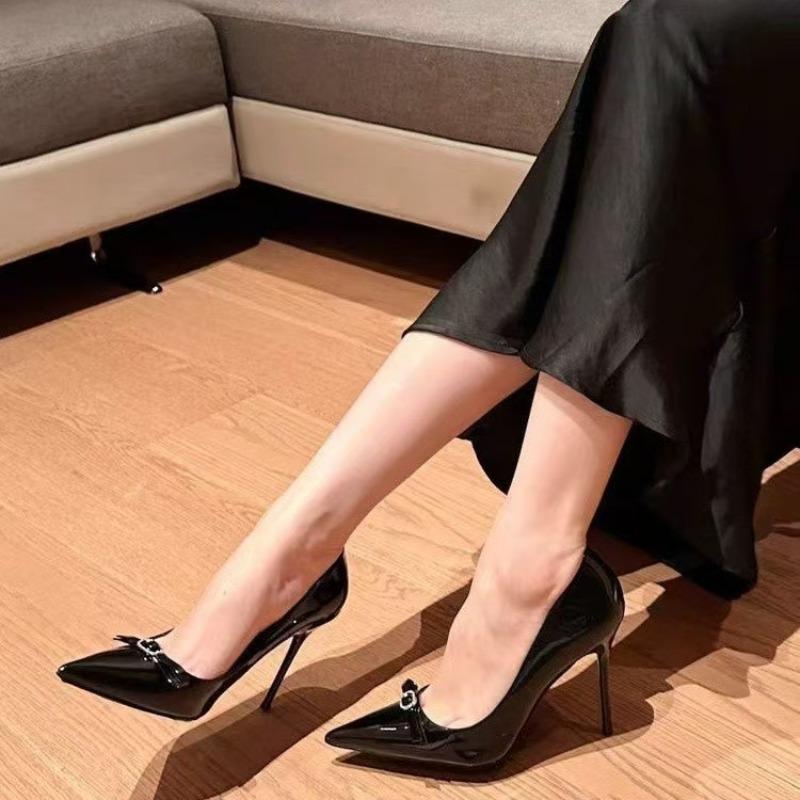Fashion Fashion Bowknot Pumps Women's Slim High Heels New Popular Stunning Sexy Wedding Shoes Black Patent Leather Pointed Single Shoes