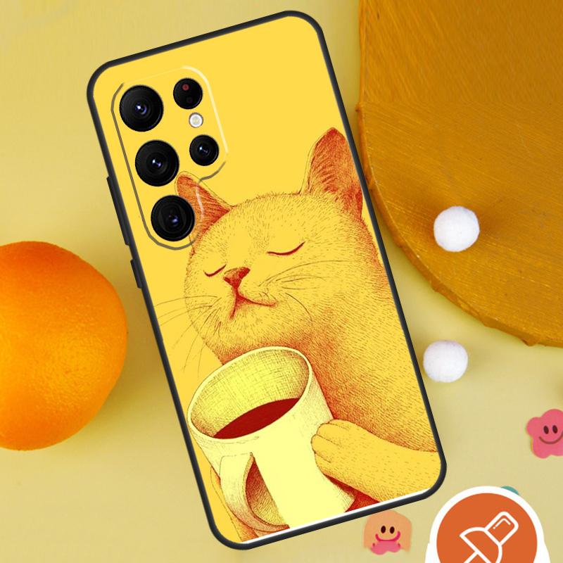 Cute Animal Cat Coffee Case For Samsung Galaxy S25 Ultra S24 S23 S22 S21 Ultra S9 S10 S20 Plus S24 FE Funda Cover
