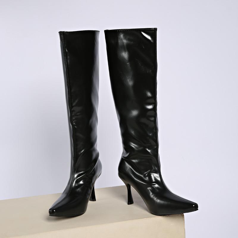 

Simple Stiletto High Boots Fashion Pointed Toe Glossy Leather Sleeve Anti-Slip Wear-Resistant Pumps 35 чёрный