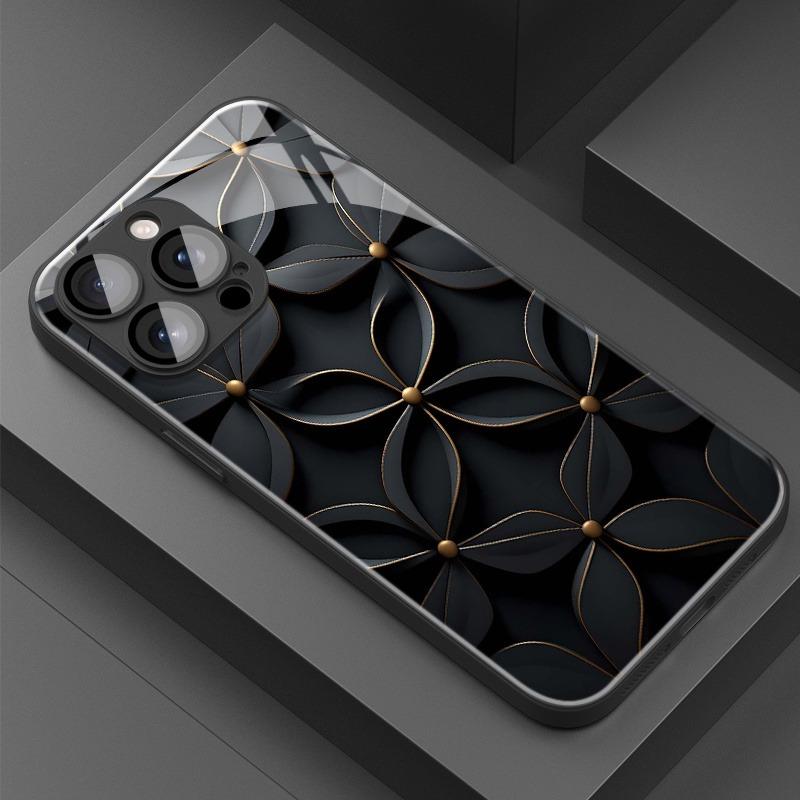 Black artistic flower Tempered Glass Phone Case For iPhone 17 Pro Max 11 12 13 14 15 16 Pro 17Air 16E 7 8 Plus XR XS Max Cover