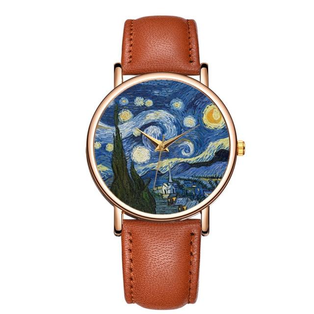 Montres créatives pour femmes Van Gogh peintures la nuit étoilée Bracelet Simple trois broches Bracelet en cuir dames montre cadeau pour les femmes